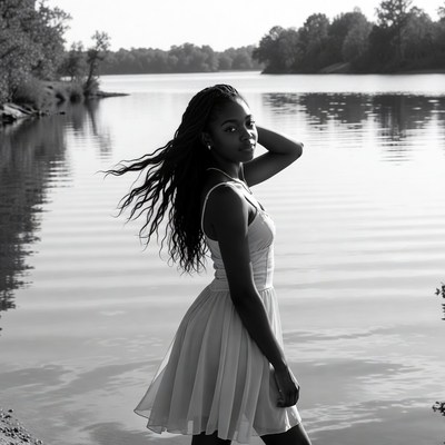 African-American woman in white dress by lake