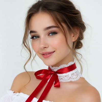 Woman with red bow choker