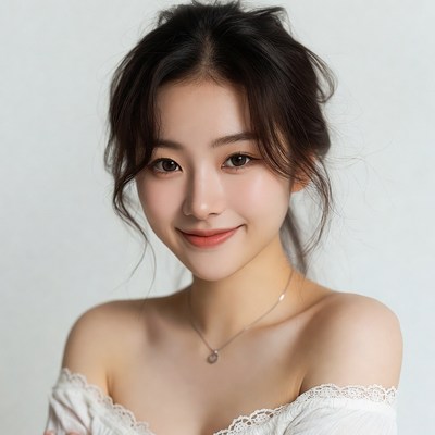 Asian woman smiling in white off-shoulder top