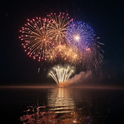 Colorful Fireworks over Calm Lake