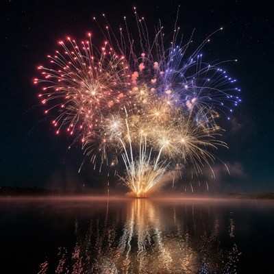 Colorful Fireworks Reflecting on Lake