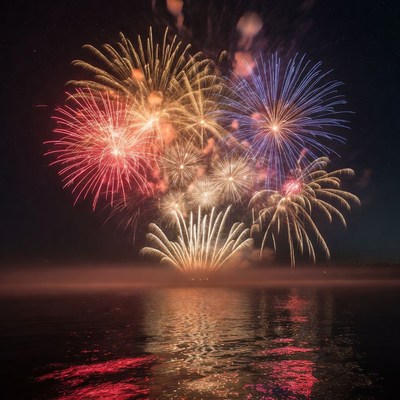 Colorful Fireworks over Water Reflection