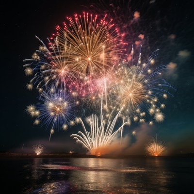 Colorful Fireworks over Lake at Night