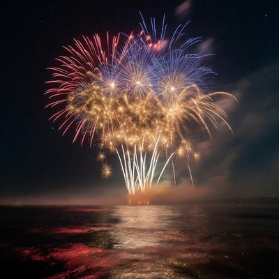 Colorful Fireworks over Calm Ocean