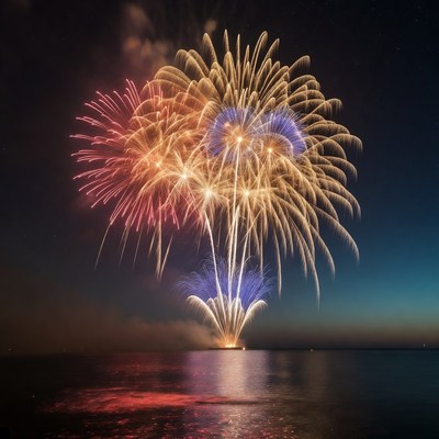 Colorful Fireworks over Lake at Night
