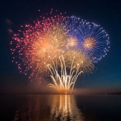 Colorful Fireworks over Lake at Night