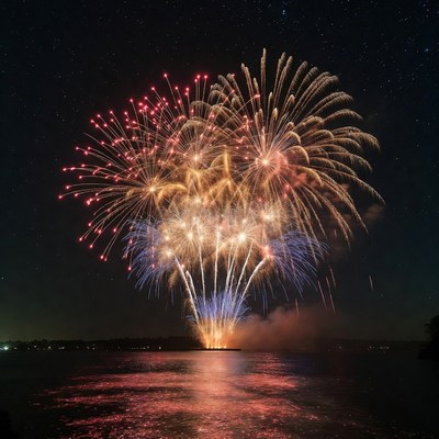 Colorful Fireworks over Lake at Night