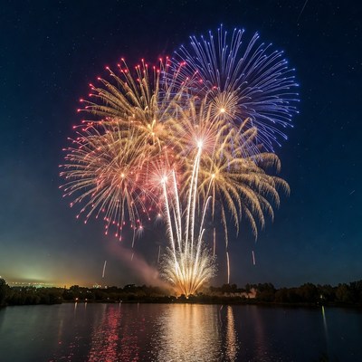 Colorful Fireworks over Lake at Night