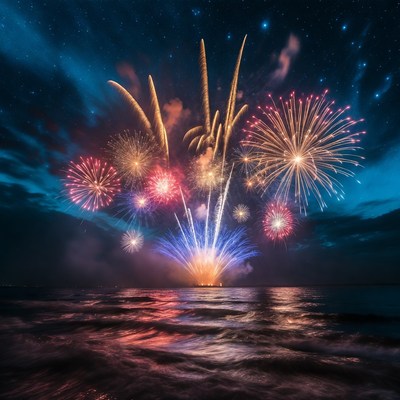 Colorful Fireworks over Ocean Night Sky