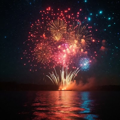 Colorful Fireworks over Lake at Night