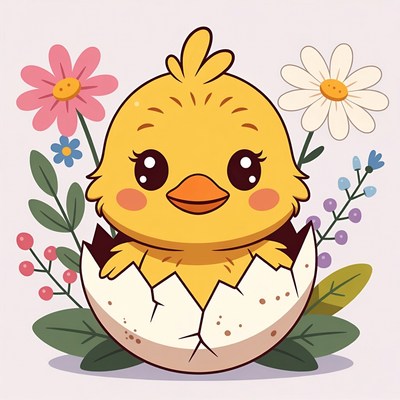 Cute Chick Hatching from Egg with Flowers