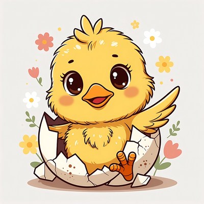Cute yellow chick hatching from egg