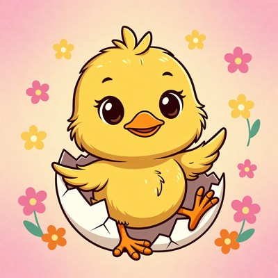 Cute yellow chick hatching from egg