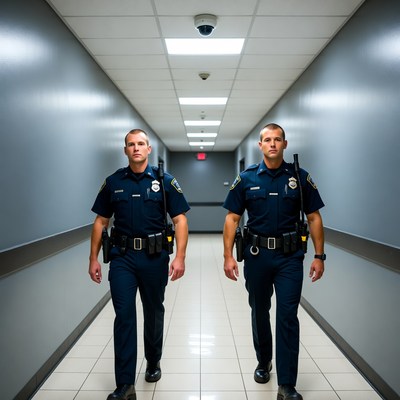 Two police officers walking in hallway