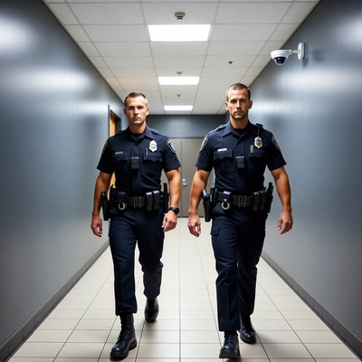 Two police officers walking in hallway