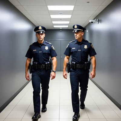 Two male police officers walking corridor