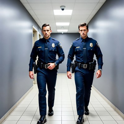 Two policemen walking in hallway