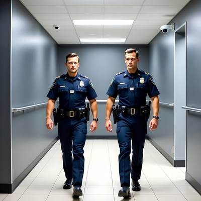 Two male police officers walking in hallway
