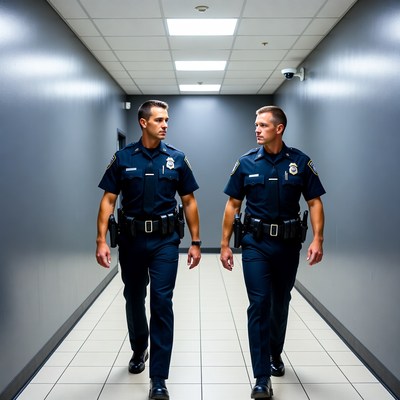 Two police officers walking in hallway