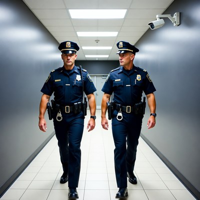 Two police officers walking in hallway