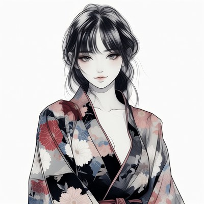 Asian woman in floral kimono