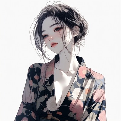 Asian woman in floral kimono