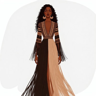 African-American woman in black beige fringe dress