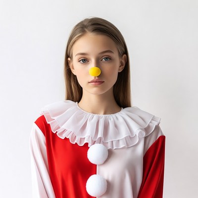 Girl in clown costume with yellow nose