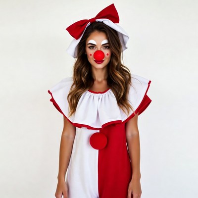 Woman in red white clown costume
