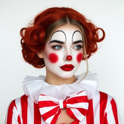 Woman in red wig clown makeup