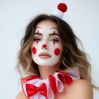 Woman in red clown makeup