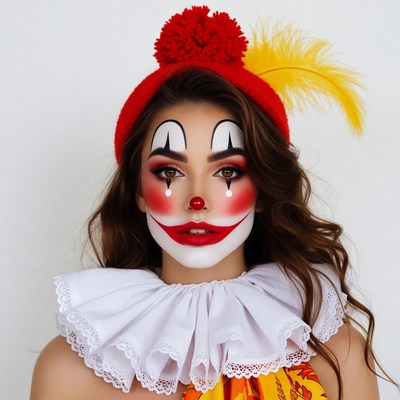 Woman in clown makeup smiling