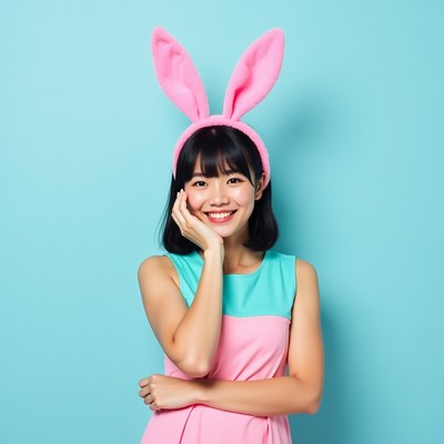 Asian woman with pink bunny ears