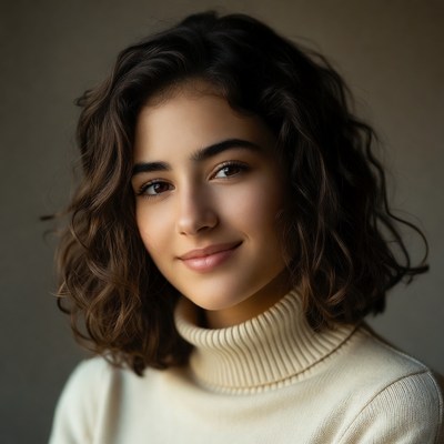 Smiling woman in white turtleneck