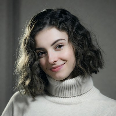 Smiling woman in white turtleneck