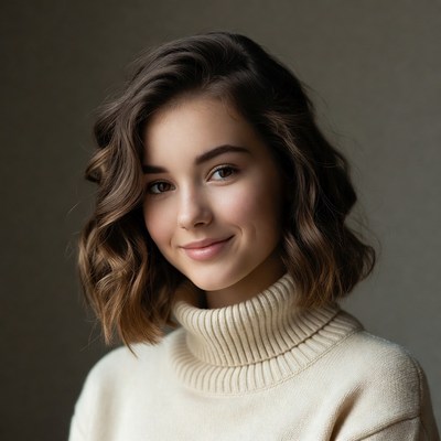 Smiling girl in white turtleneck sweater