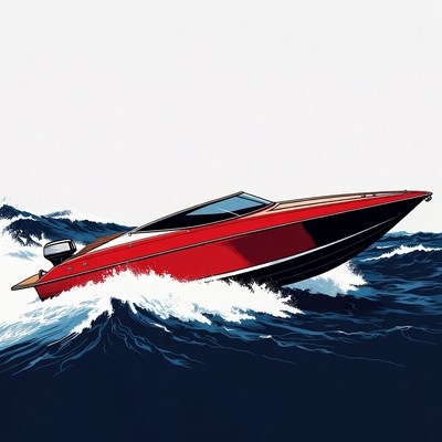 Red speedboat racing through waves