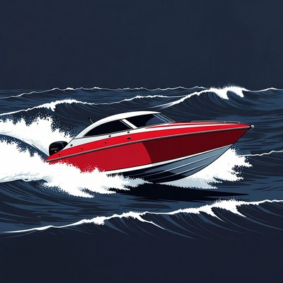 Red speedboat racing through waves