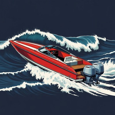 Red speedboat racing through waves