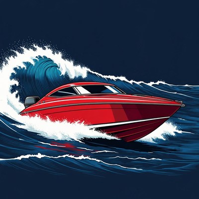Red Speedboat Riding Ocean Waves