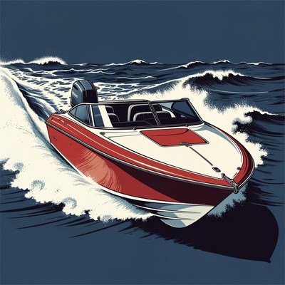 Red speedboat racing through ocean waves