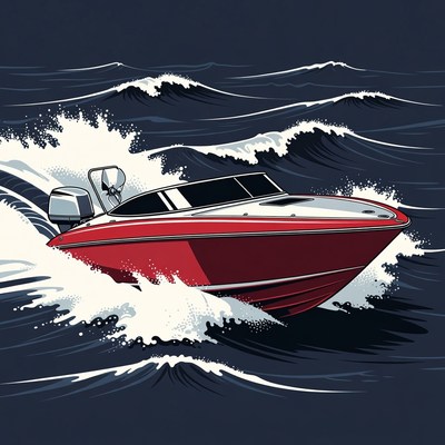 Red speedboat racing through waves