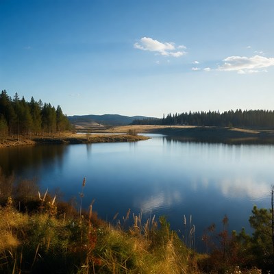 Serene lake with pine trees and mountains