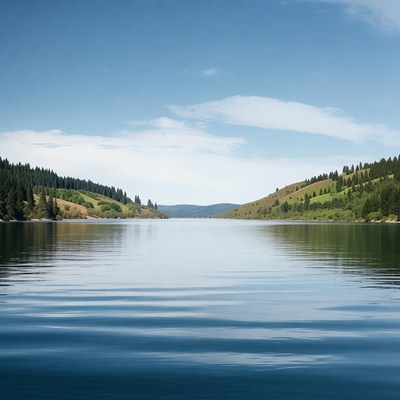 Serene Lake Between Forested Hills