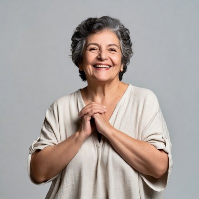 Smiling elderly woman with hands clasped