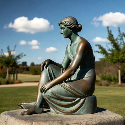 Bronze Woman Statue Sitting Outdoors