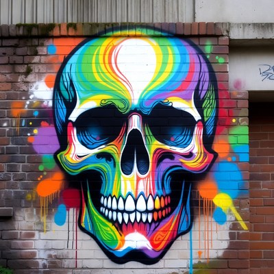 Colorful Rainbow Skull Graffiti on Brick Wall