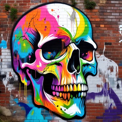 Colorful Skull Graffiti on Brick Wall