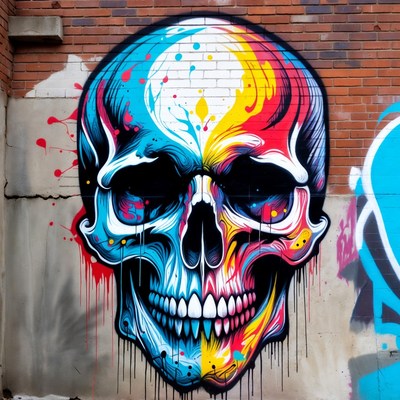 Colorful Skull Graffiti on Brick Wall