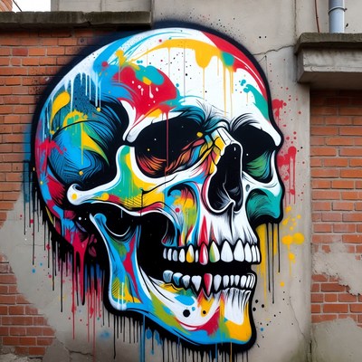 Colorful Graffiti Skull on Brick Wall